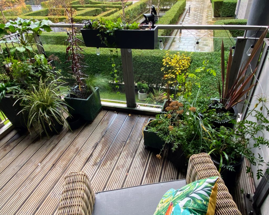 A balcony railing decorated with a vibrant array of potted plants.