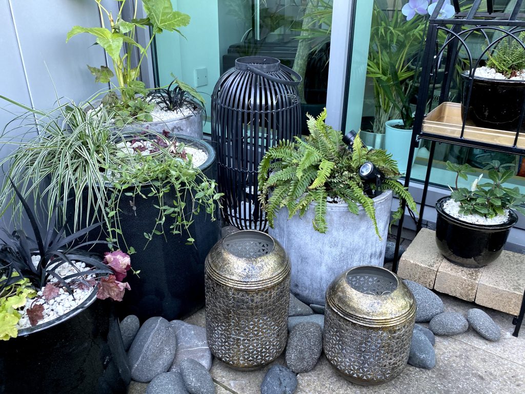 anterns and planters styled for a cosey balcony in Edinburgh by Paterior Design.