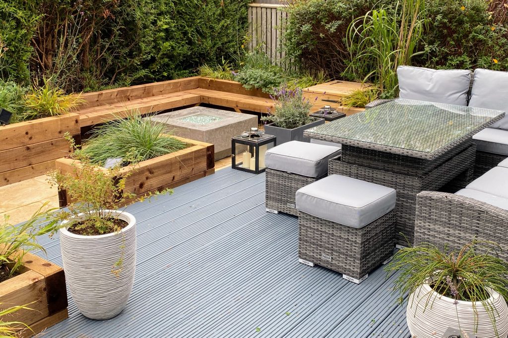 Functional deck seating and planters for stylish outdoor living.