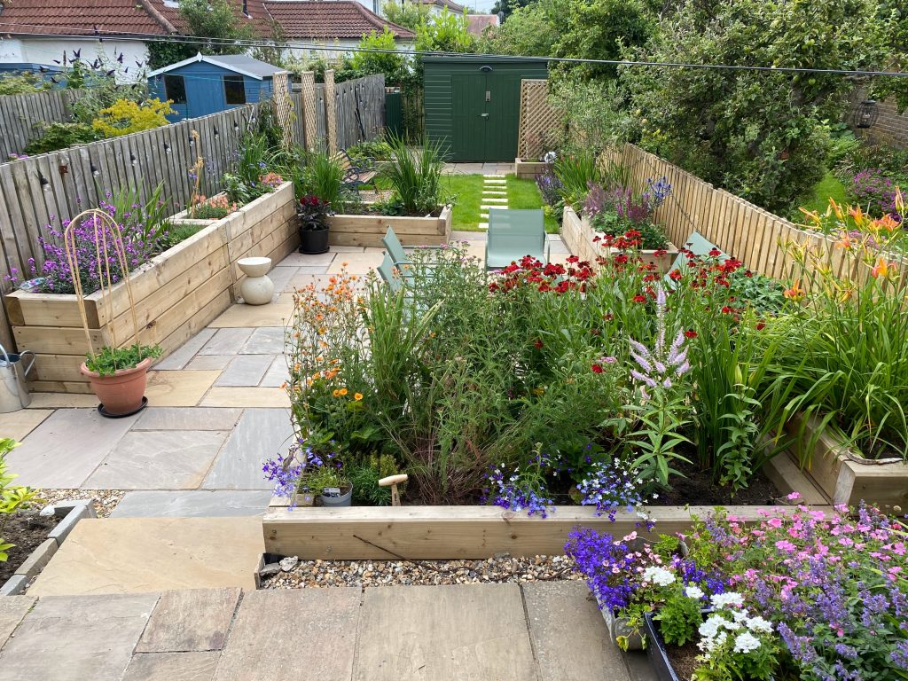 Vibrant patio garden with colourful planting.