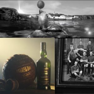 Video thumbnail for Ardbeg whisky featuring the iconic Islay distillery, vintage football imagery, and the Ardbeg bottle. Styled by Angela Moffat.