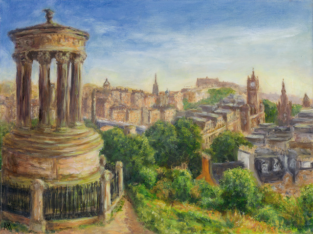 Acrylic painting of Calton Hill in Edinburgh by Angela Moffat Artist, showcasing historic architecture and green landscapes