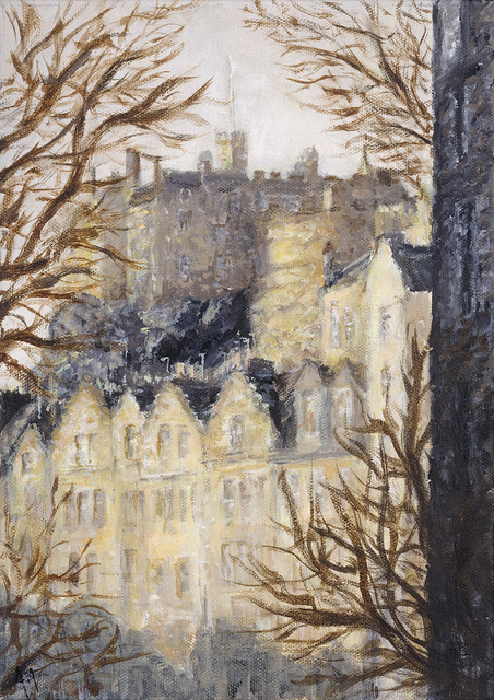 Acrylic painting of Edinburgh Castle and surrounding rooftops by Angela Moffat Artist, framed by autumn branches.