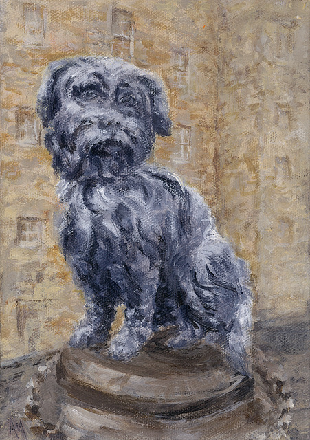 Acrylic painting of the Greyfriars Bobby statue in Edinburgh by Angela Moffat Artist, capturing the historic charm of the area.