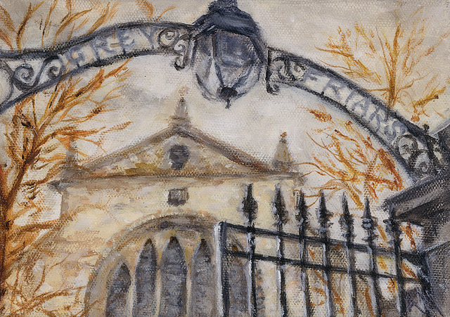 Acrylic painting of Greyfriars Kirkyard in Edinburgh by Angela Moffat Artist, featuring intricate iron gates and autumn foliage