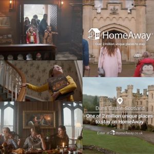 HomeAway Beauty and the Beast-themed campaign at Duns Castle, Scotland, featuring family moments in a luxurious setting. Styled by Angela Moffat and produced by LS Productions.