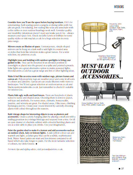 i-on magazine page featuring outdoor furniture, rugs, and garden styling tips.