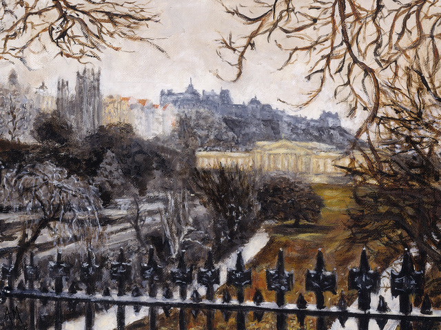 Acrylic painting of Princes Street Gardens in Edinburgh by Angela Moffat Artist, with views of the National Gallery and lush trees