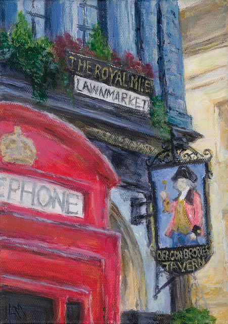 Acrylic painting of the Royal Mile in Edinburgh by Angela Moffat Artist, highlighting a red telephone box and historic signage.