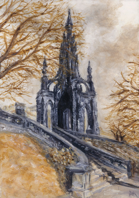 This acrylic painting by Angela Moffat Artist depicts the historic Greyfriars Kirkyard in Edinburgh, framed by detailed gates and autumn colors