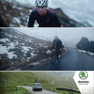 Video thumbnail for Skoda cycling campaign, filmed in the Scottish Highlands, showcasing a cyclist and Skoda support vehicle. Styled by Angela Moffat and produced by Filming Scotland