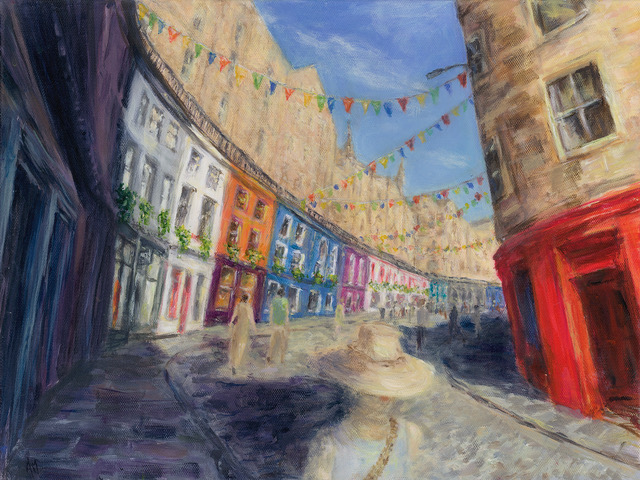 victoria-street-edinburgh-angela-moffat-artist-acrylic-paintingAcrylic painting of Victoria Street in Edinburgh by Angela Moffat Artist, with colorful buildings and festive bunting