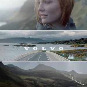 Volvo Cars video thumbnail image showcasing a Scottish landscape with dramatic hills, coastal roads, and a woman enjoying the scenery, styled by Angela Moffat for LS Productions.