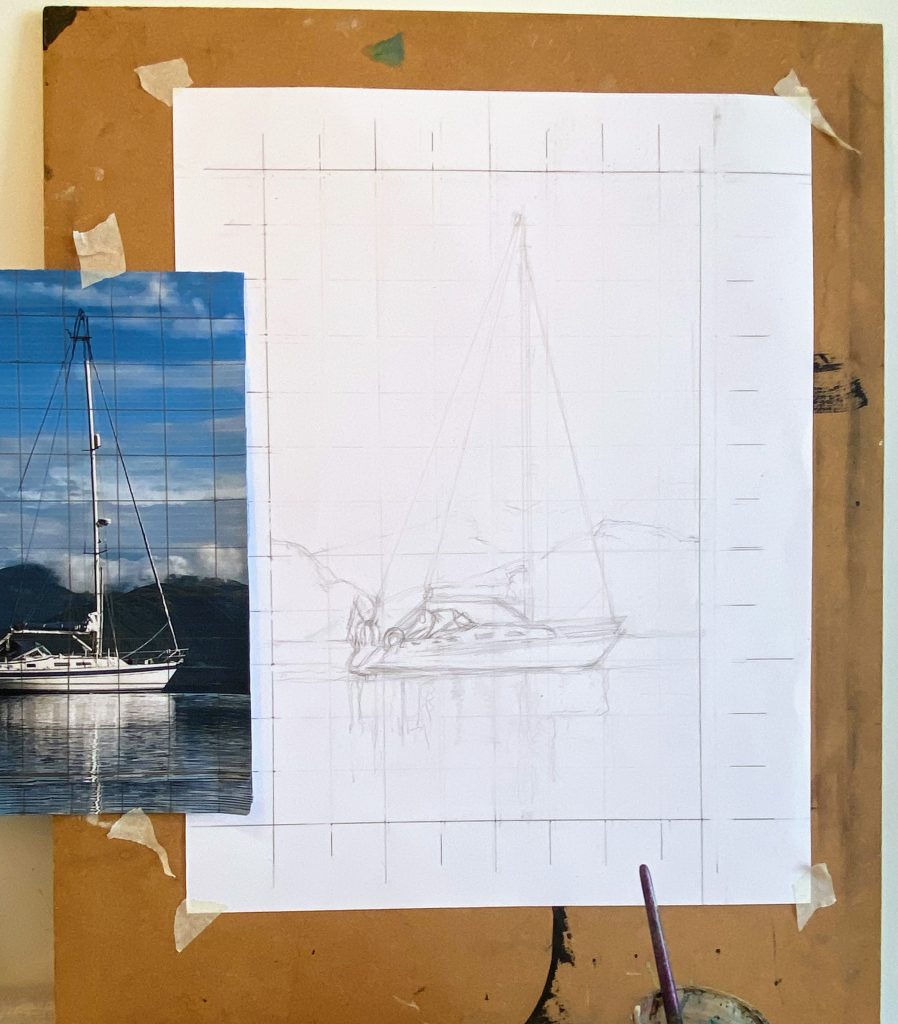 A work-in-progress pencil sketch of a sailboat on a calm lake, based on a grid drawing method for an art commission